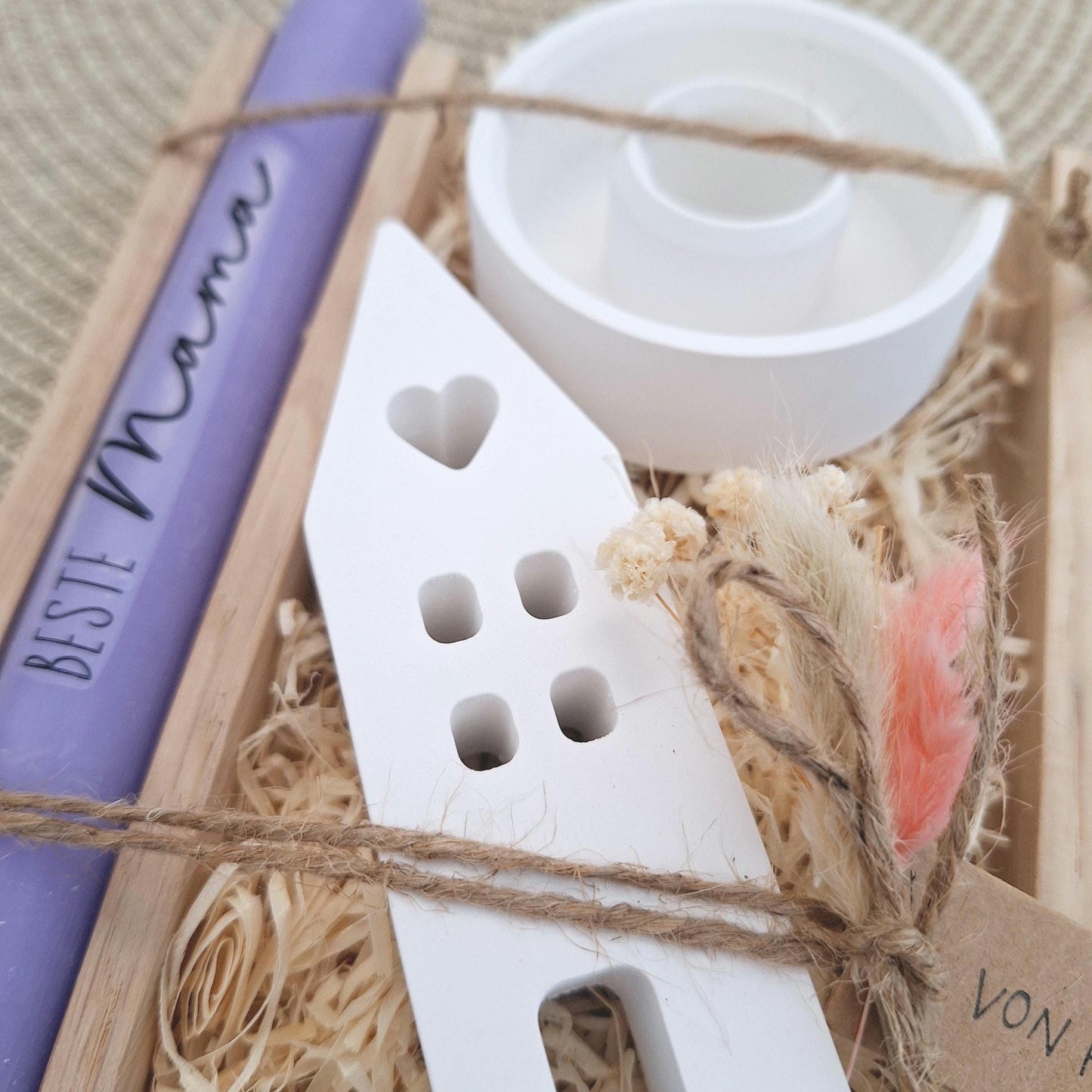 Muttertag Muttertagsgeschenk Haus / Lichthaus Kerzenteller rund Kerzenset für Mama Geschenkset Stabkerze Kerzenbox Holzbox Mitbringsel