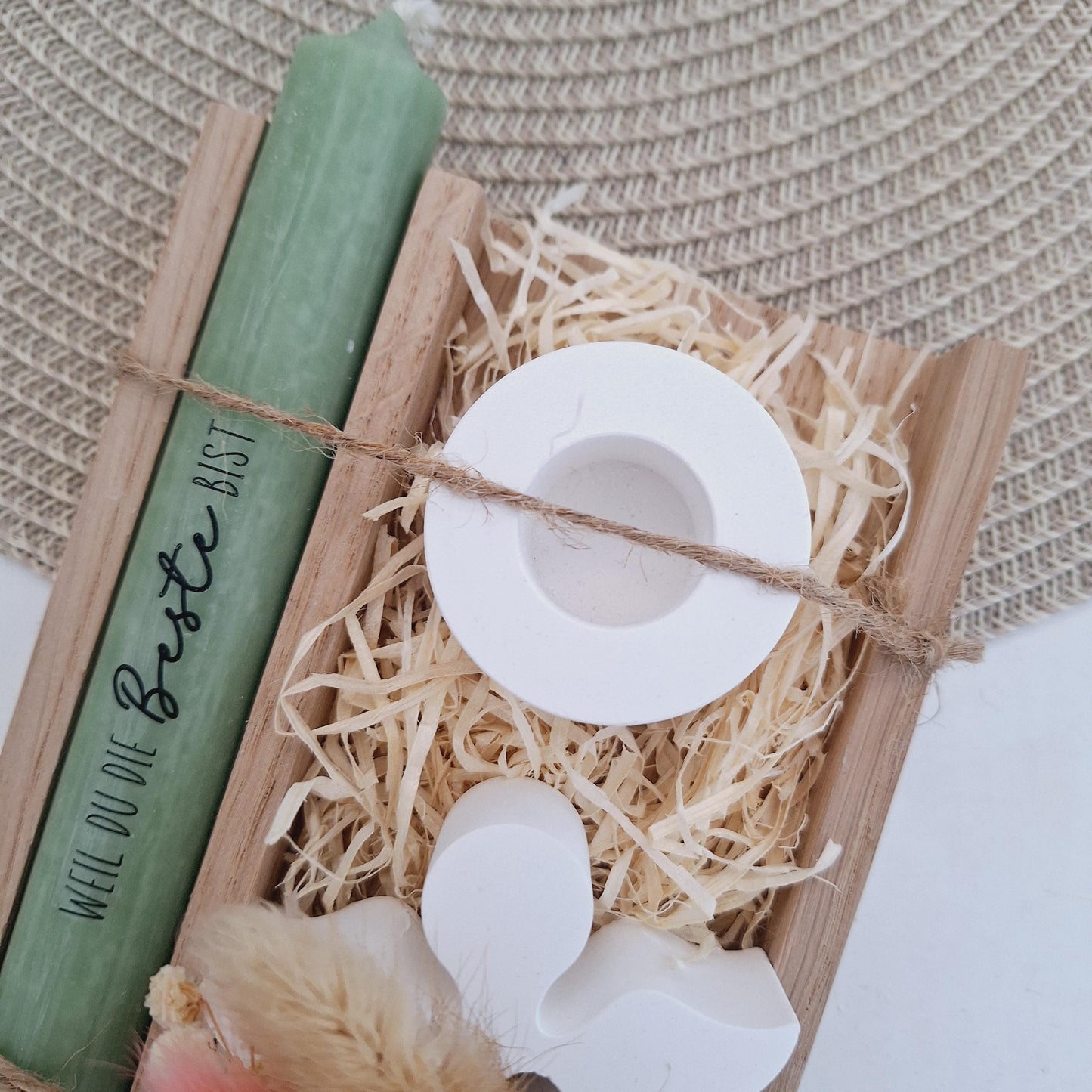Muttertag Muttertagsgeschenk Engel mit Herz Kerzenhalter rund Kerzenset für Mama Geschenkset Stabkerze Kerzenbox Holzbox Mitbringsel
