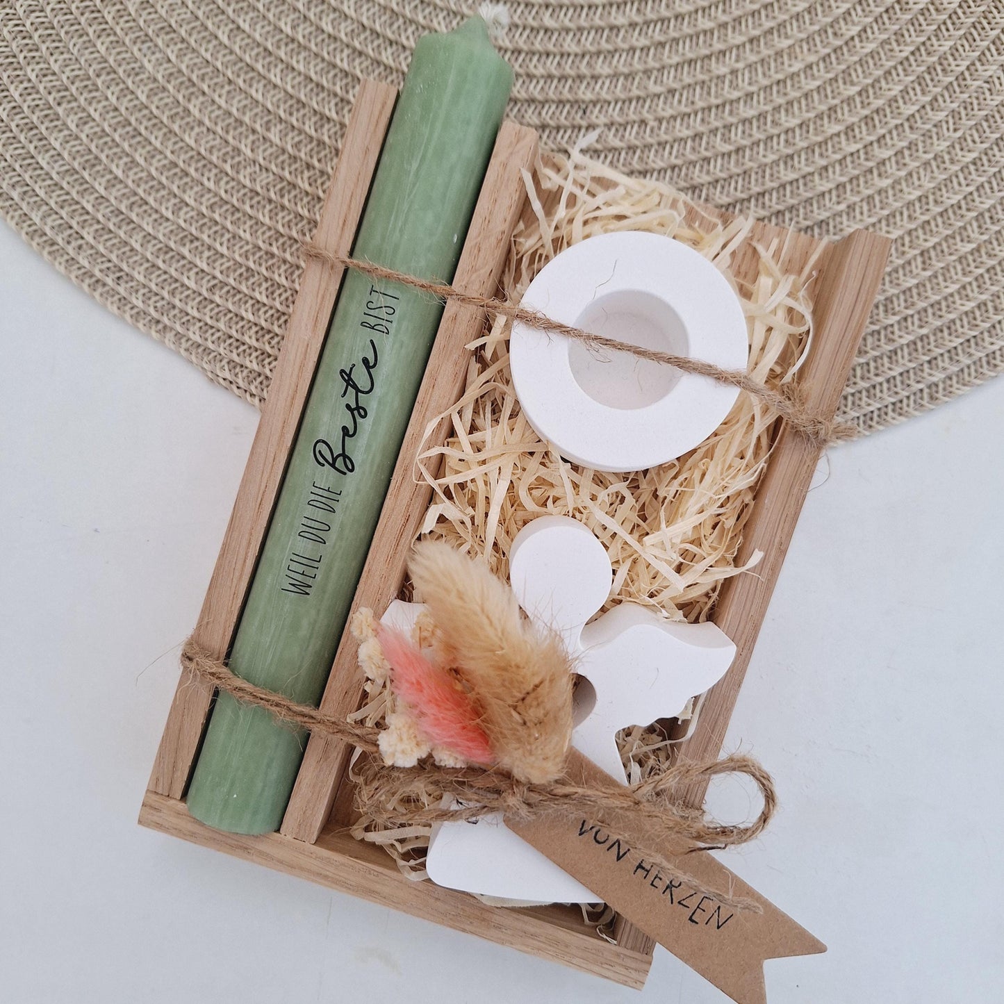 Muttertag Muttertagsgeschenk Engel mit Herz Kerzenhalter rund Kerzenset für Mama Geschenkset Stabkerze Kerzenbox Holzbox Mitbringsel