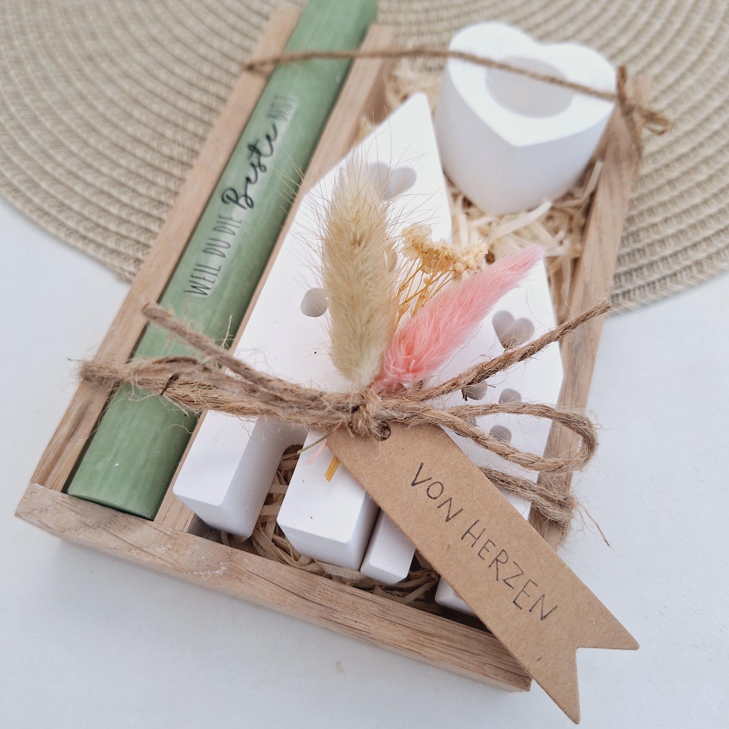 Muttertag Muttertagsgeschenk Häuser / Lichthäuser Kerzenhalter Herz Kerzenset für Mama Geschenkset Stabkerze Kerzenbox Holzbox Mitbringsel
