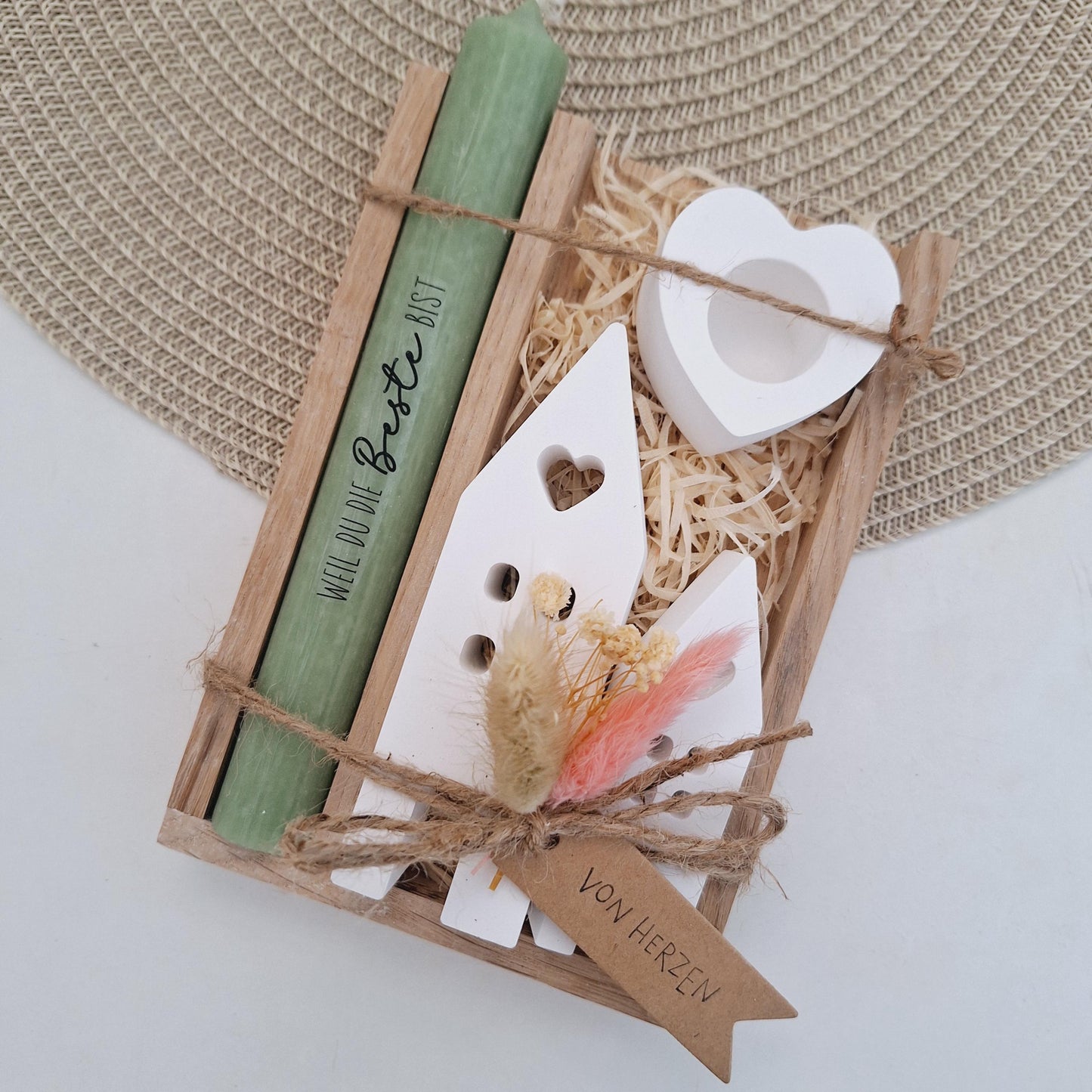 Muttertag Muttertagsgeschenk Häuser / Lichthäuser Kerzenhalter Herz Kerzenset für Mama Geschenkset Stabkerze Kerzenbox Holzbox Mitbringsel