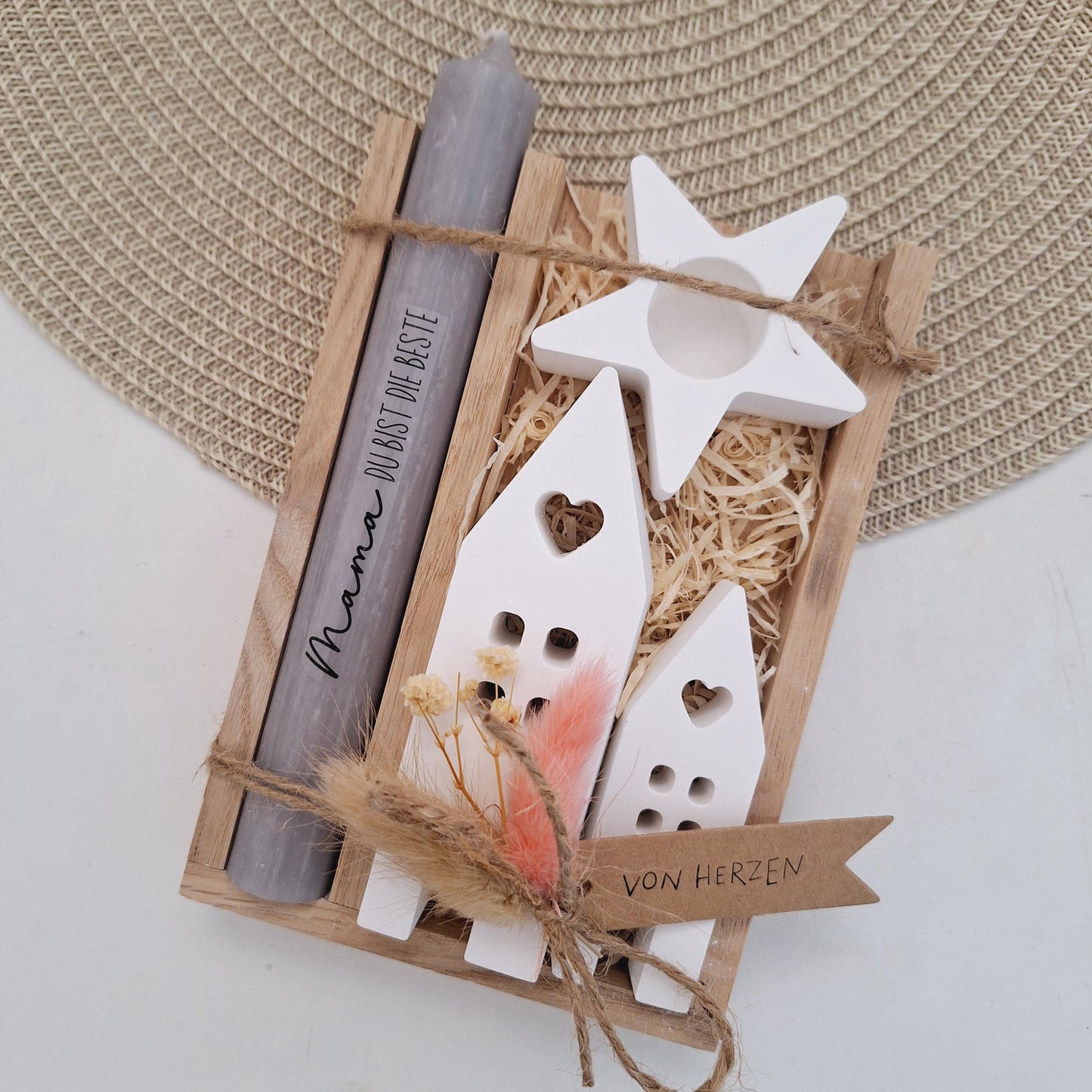 Muttertag Muttertagsgeschenk Häuser / Lichthäuser Kerzenhalter Stern Kerzenset für Mama Geschenkset Stabkerze Kerzenbox Holzbox Mitbringsel
