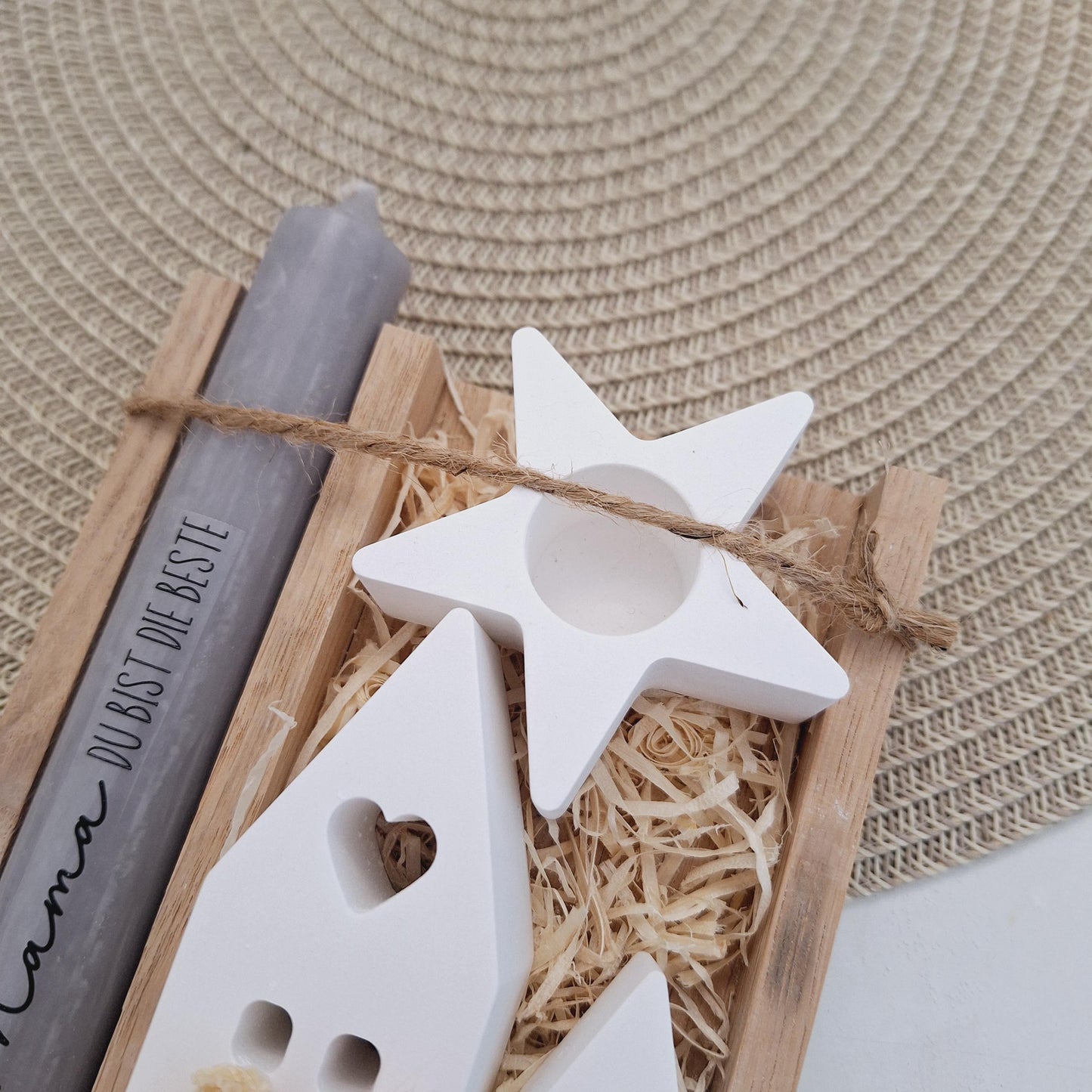 Muttertag Muttertagsgeschenk Häuser / Lichthäuser Kerzenhalter Stern Kerzenset für Mama Geschenkset Stabkerze Kerzenbox Holzbox Mitbringsel