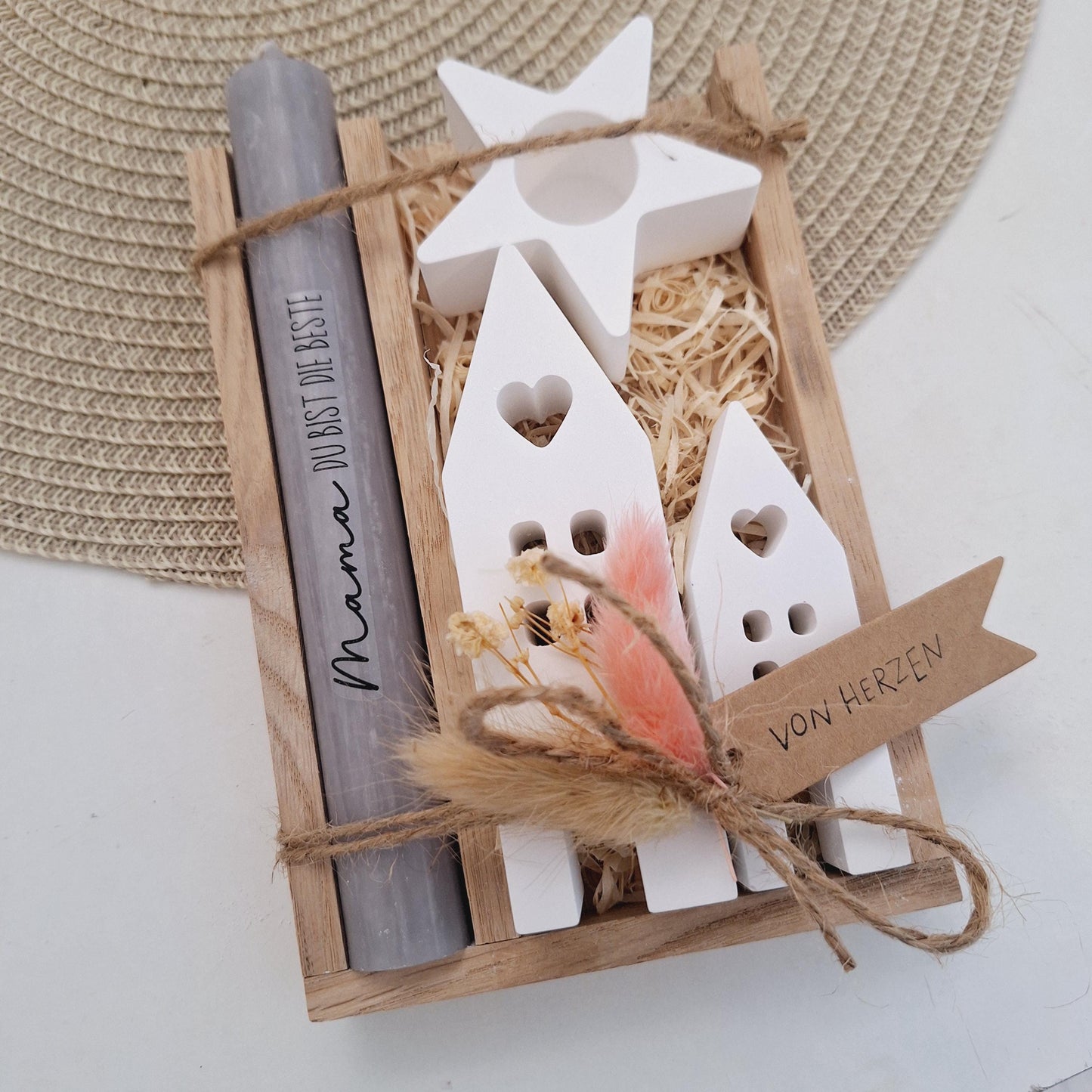 Muttertag Muttertagsgeschenk Häuser / Lichthäuser Kerzenhalter Stern Kerzenset für Mama Geschenkset Stabkerze Kerzenbox Holzbox Mitbringsel