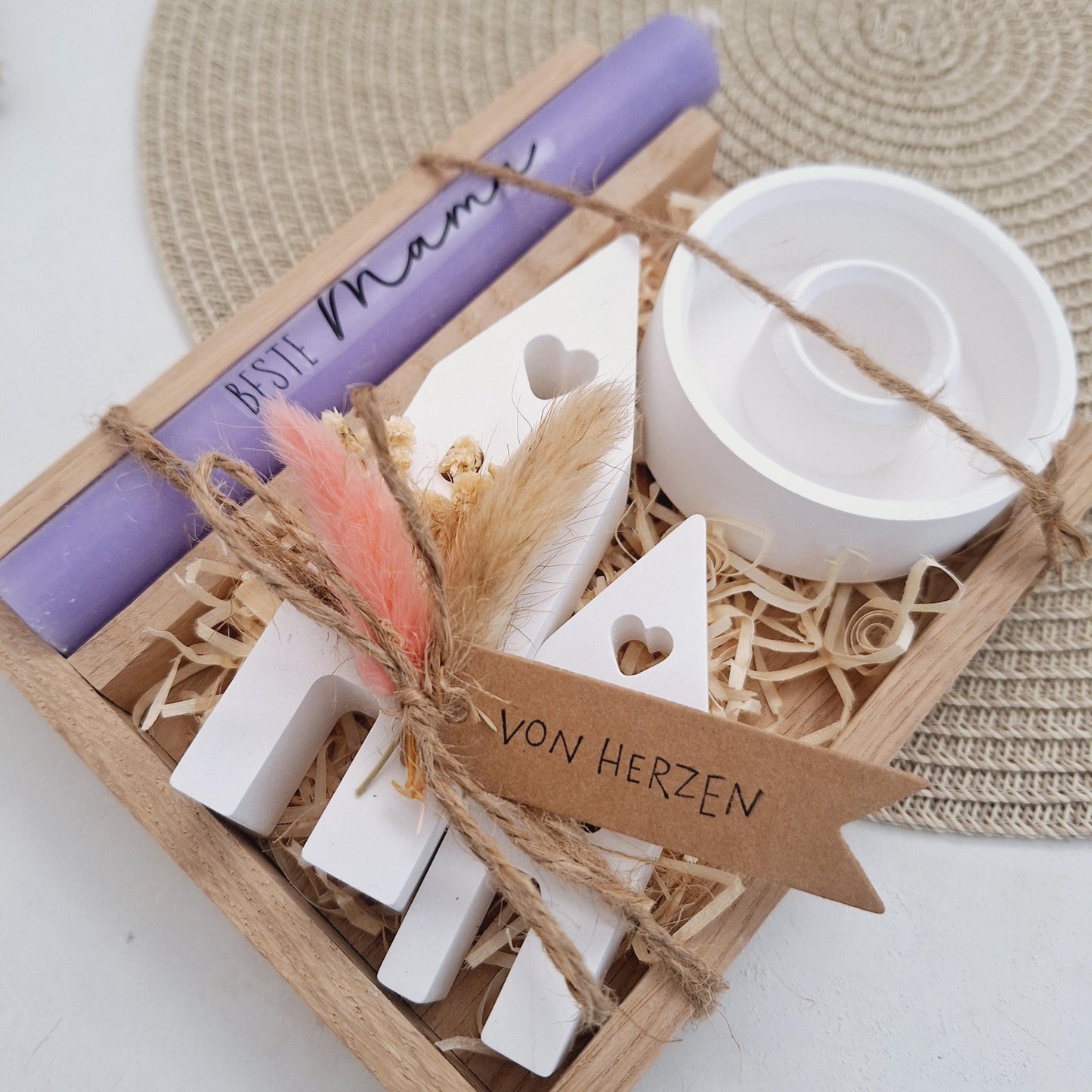 Muttertag Muttertagsgeschenk Häuser / Lichthäuser Kerzenteller rund Kerzenset für Mama Geschenkset Stabkerze Kerzenbox Holzbox Mitbringsel