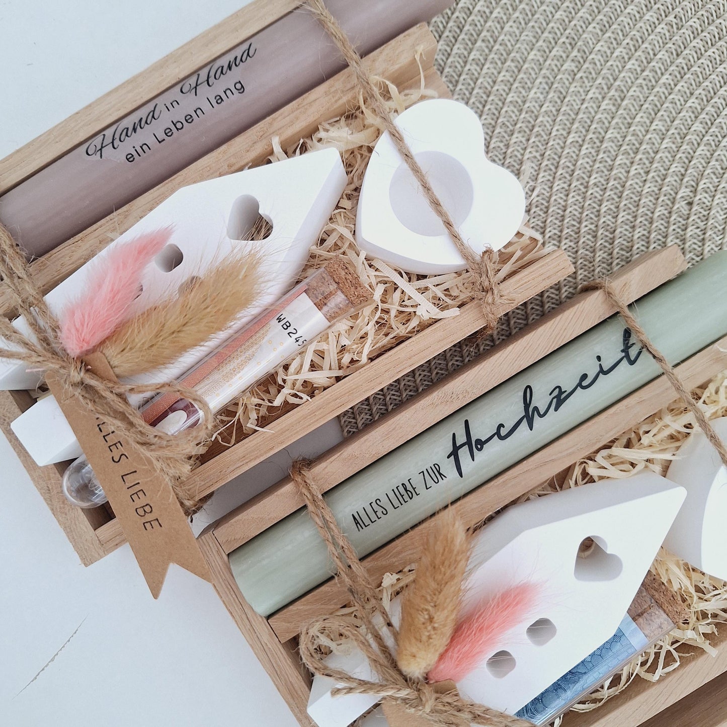 Hochzeit Geldgeschenk Hochzeitsgeschenk Haus / Lichthaus Kerzenhalter Herz Geschenkset Gutschein Kerzenset Stabkerze Kerzenbox Holzbox