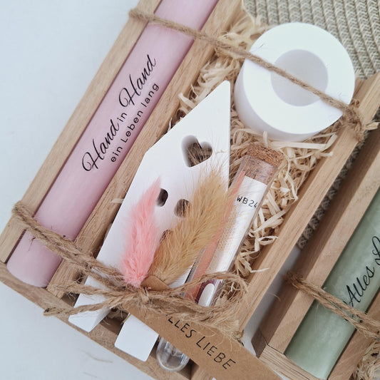 Silberhochzeit Geldgeschenk Silberhochzeitsgeschenk Haus / Lichthaus Kerzenhalter rund Geschenkset Gutschein Kerzenset Stabkerze Kerzenbox