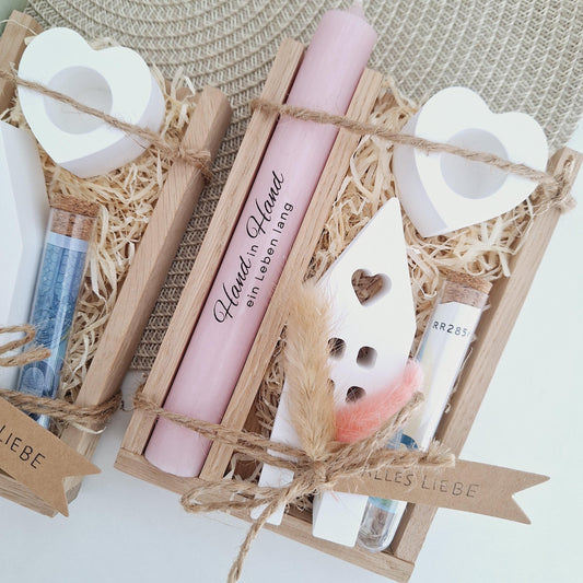 Silberhochzeit Geldgeschenk Silberhochzeitsgeschenk Haus / Lichthaus Kerzenhalter Herz Geschenkset Gutschein Kerzenset Stabkerze Kerzenbox