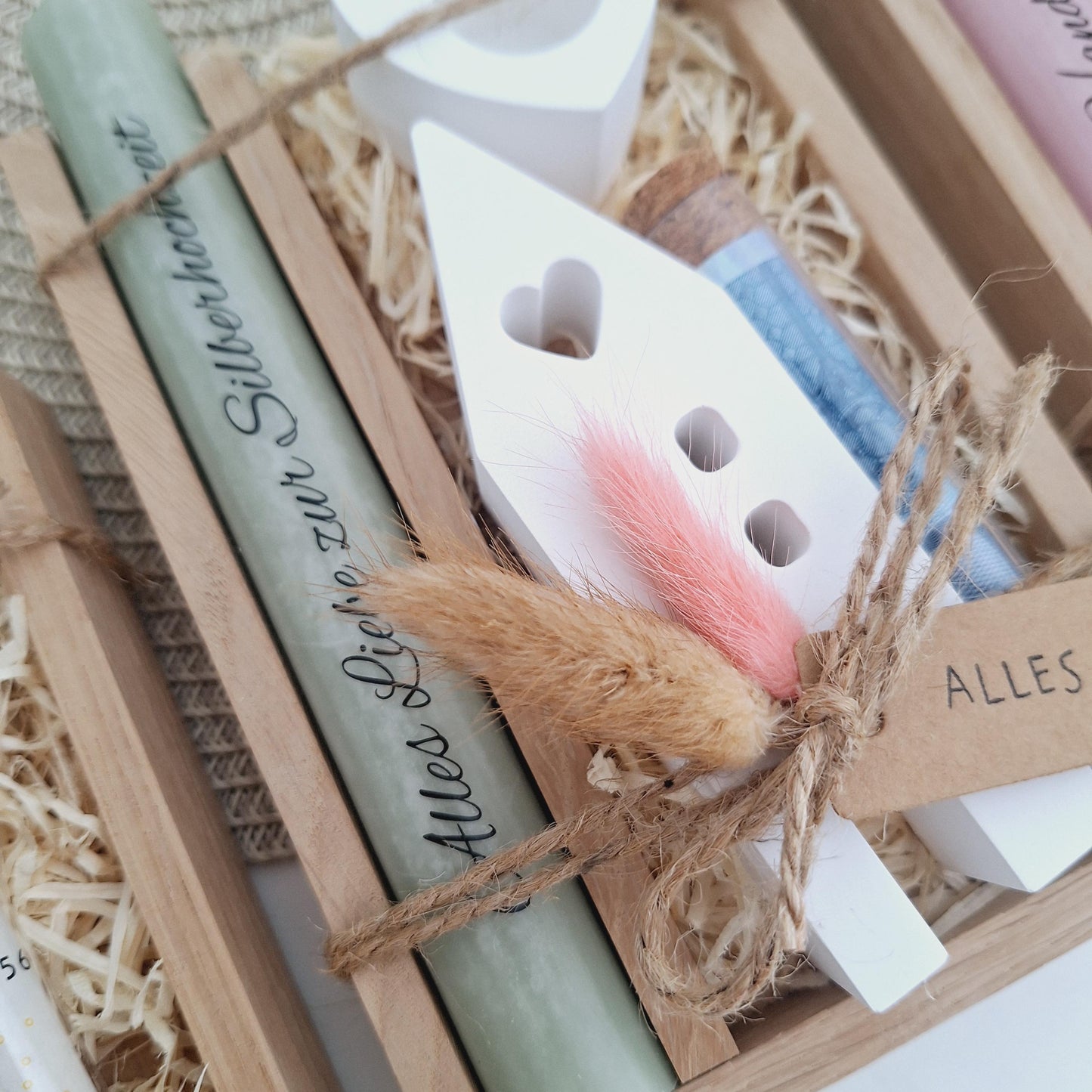 Silberhochzeit Geldgeschenk Silberhochzeitsgeschenk Haus / Lichthaus Kerzenhalter Herz Geschenkset Gutschein Kerzenset Stabkerze Kerzenbox