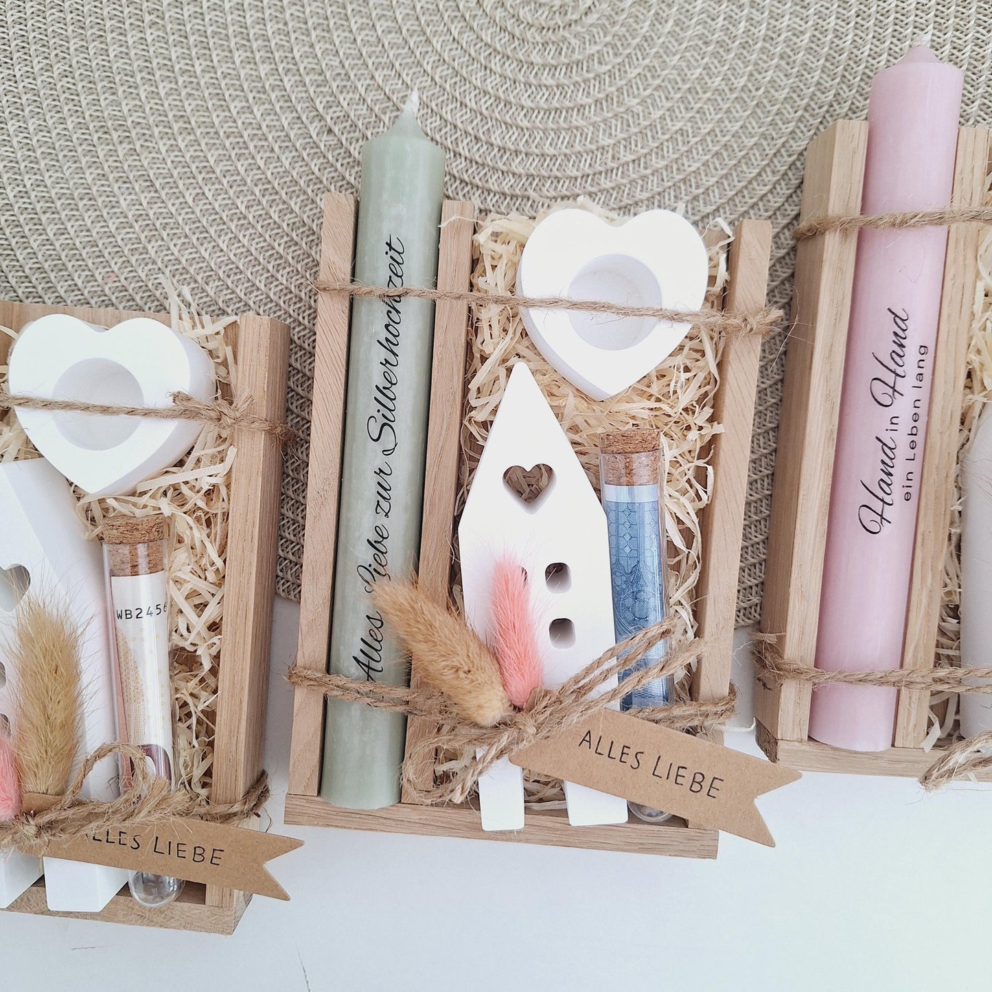 Silberhochzeit Geldgeschenk Silberhochzeitsgeschenk Haus / Lichthaus Kerzenhalter Herz Geschenkset Gutschein Kerzenset Stabkerze Kerzenbox