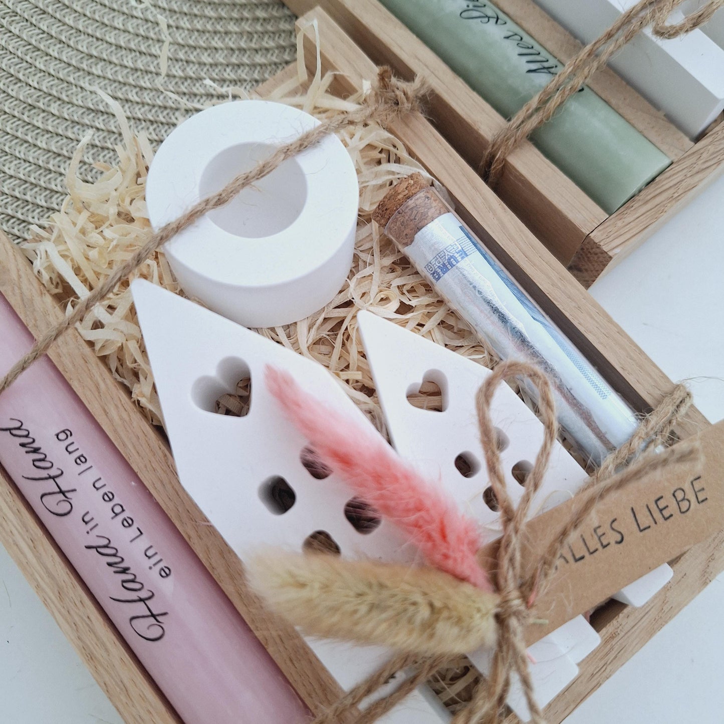 Silberhochzeit Geldgeschenk Silberhochzeitsgeschenk Häuser / Lichthäuser Kerzenhalter rund Geschenkset Gutschein Kerzenset Stabkerze Kerzenbox