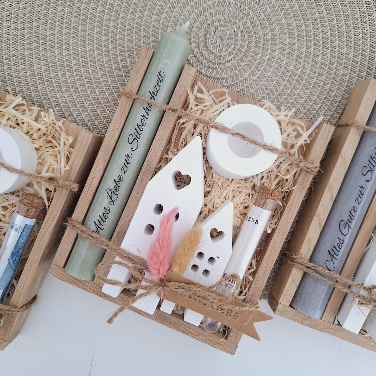 Silberhochzeit Geldgeschenk Silberhochzeitsgeschenk Häuser / Lichthäuser Kerzenhalter rund Geschenkset Gutschein Kerzenset Stabkerze Kerzenbox