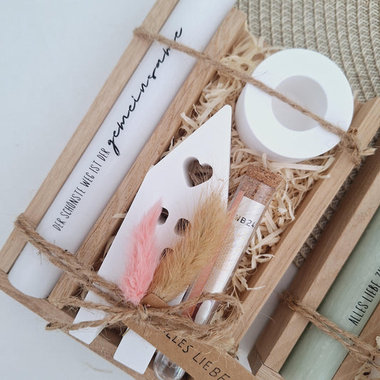Hochzeit Geldgeschenk Hochzeitsgeschenk Haus / Lichthaus Kerzenhalter rund Geschenkset Gutschein Kerzenset Stabkerze Kerzenbox Holzbox