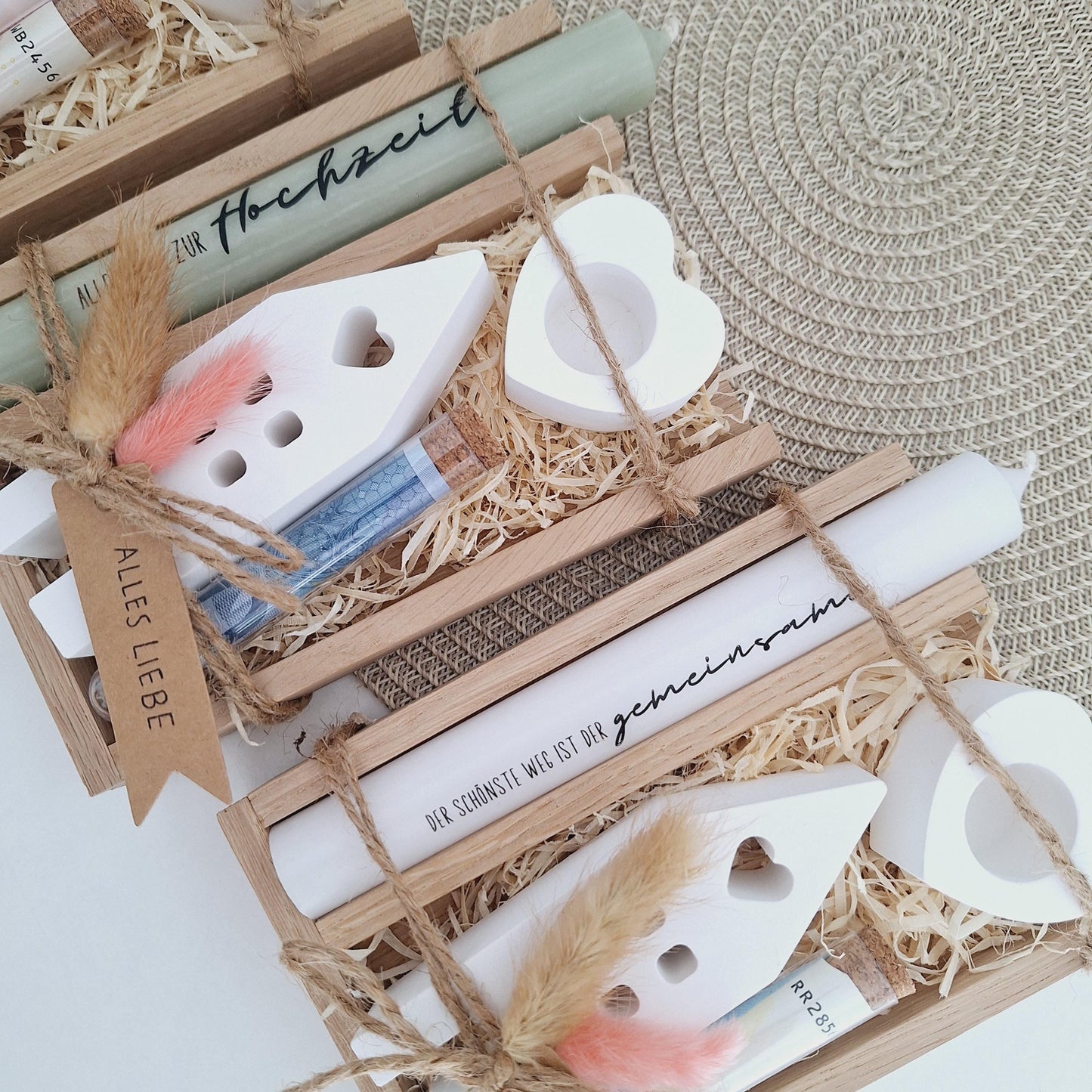 Hochzeit Geldgeschenk Hochzeitsgeschenk Haus / Lichthaus Kerzenhalter Herz Geschenkset Gutschein Kerzenset Stabkerze Kerzenbox Holzbox
