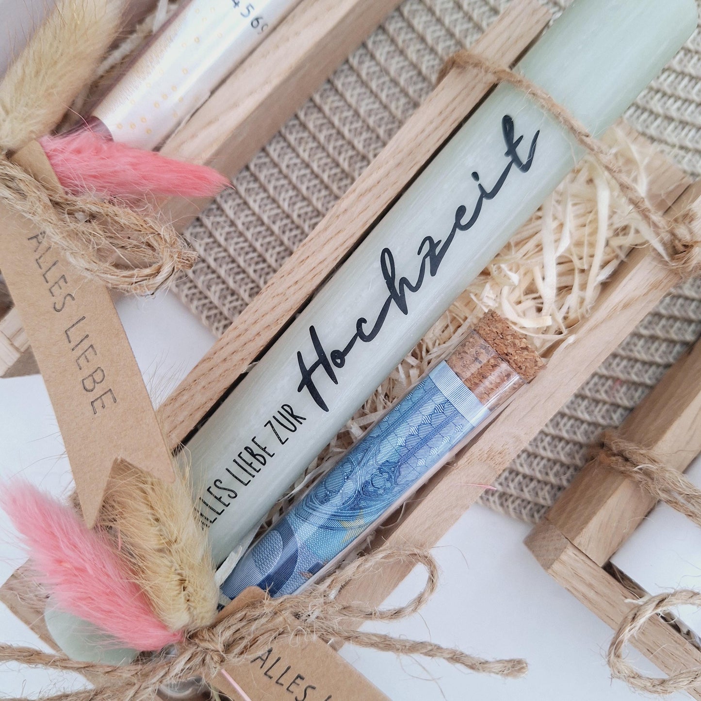 Hochzeit Geldgeschenk Reagenzglas Hochzeitskerze Hochzeitsgeschenk Geschenkset Gutschein Kerzenset Stabkerze Kerzenbox Holzbox Brautpaar