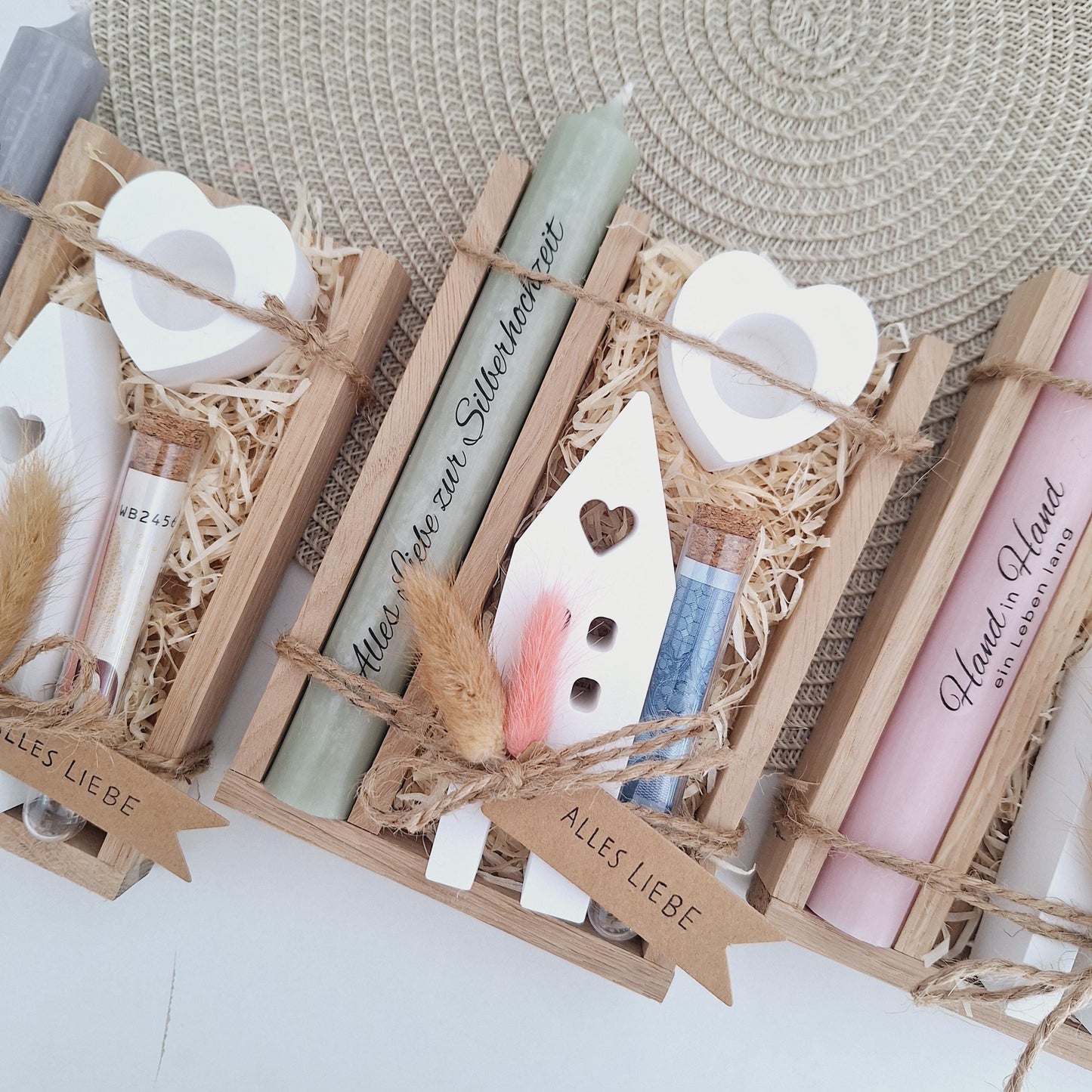 Silberhochzeit Geldgeschenk Silberhochzeitsgeschenk Haus / Lichthaus Kerzenhalter Herz Geschenkset Gutschein Kerzenset Stabkerze Kerzenbox
