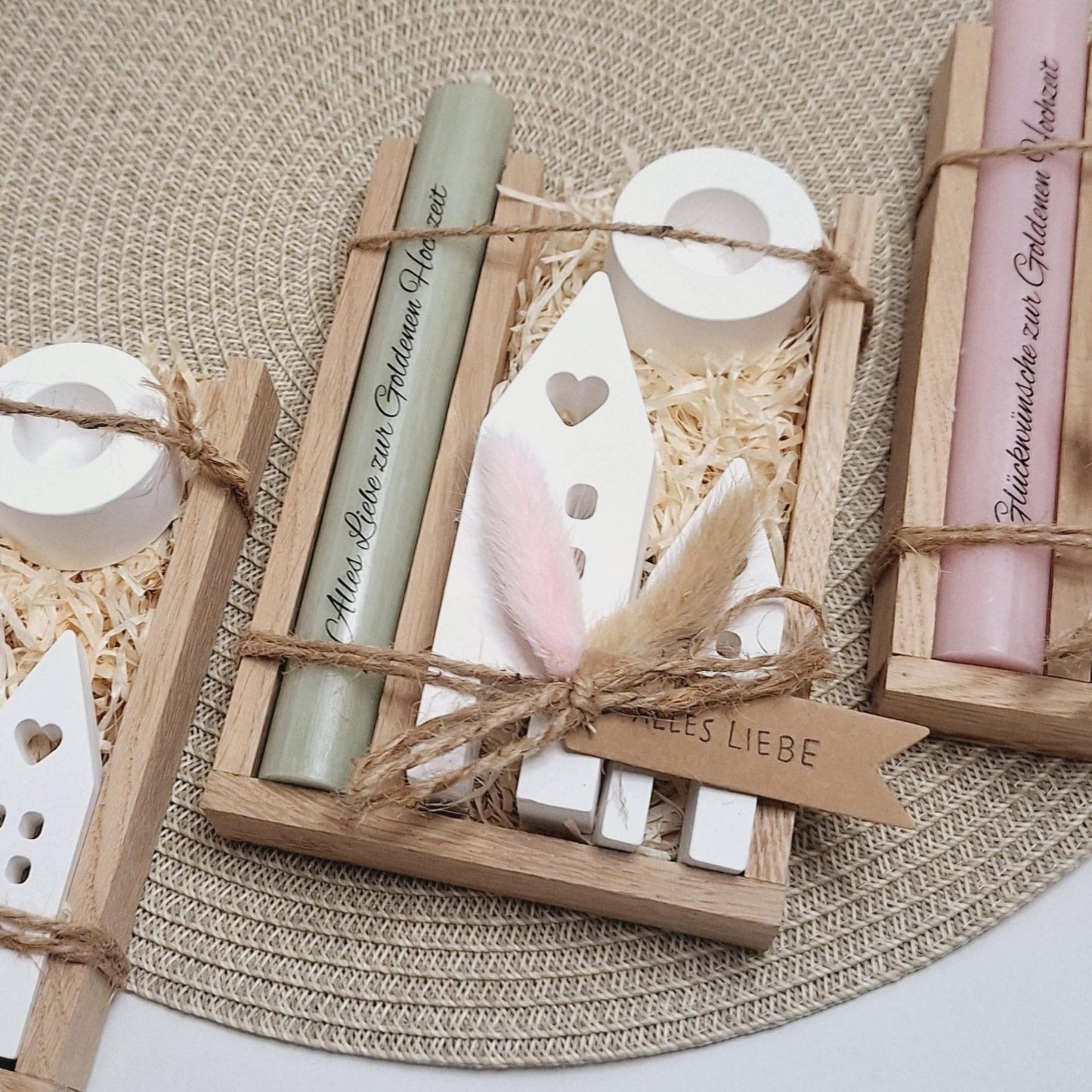 Goldene Hochzeit Geschenk zum 50. Hochzeitstag Häuser / Lichthäuser Kerzenhalter rund Stabkerze Kerzenbox Holzbox Mitbringsel