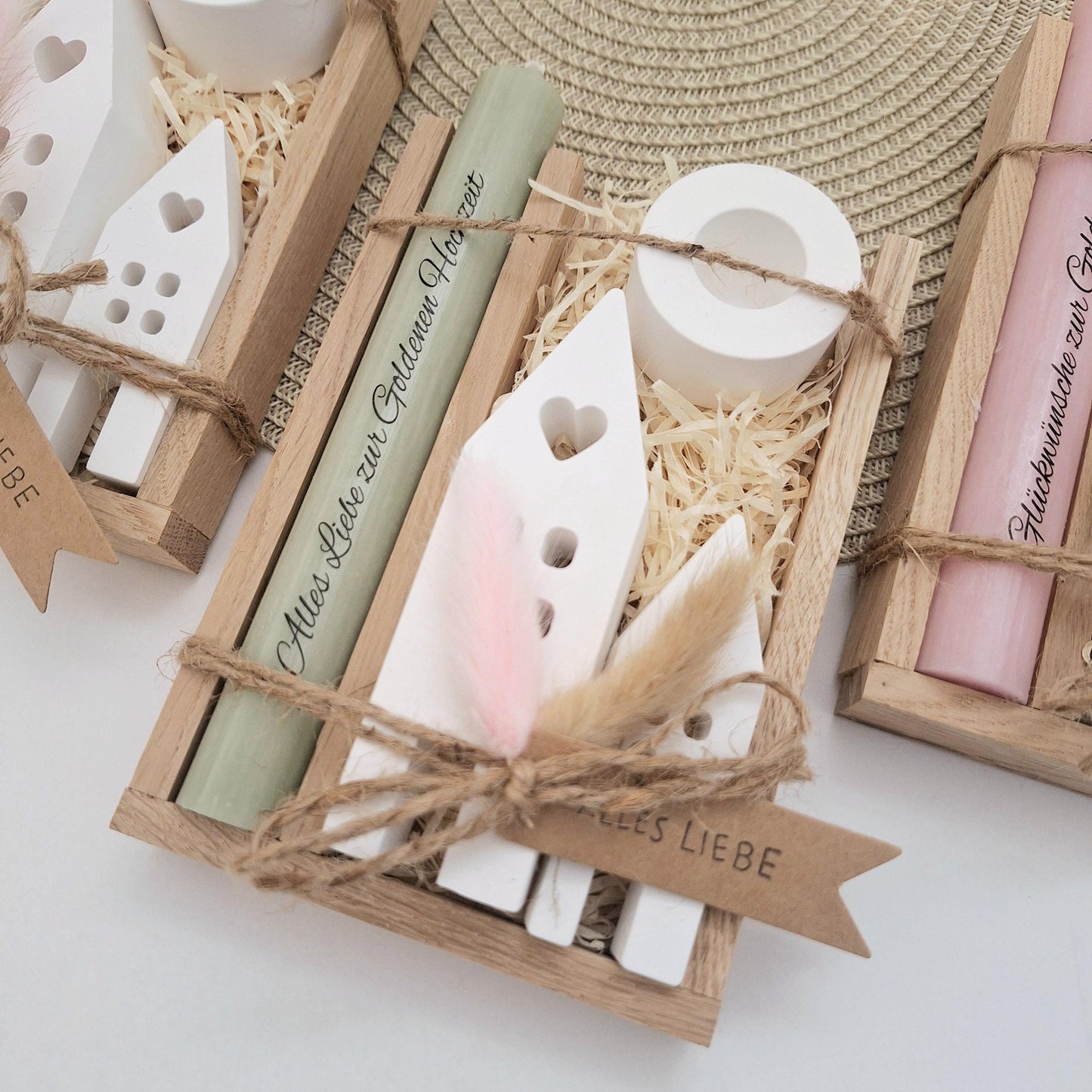 Goldene Hochzeit Geschenk zum 50. Hochzeitstag Häuser / Lichthäuser Kerzenhalter rund Stabkerze Kerzenbox Holzbox Mitbringsel