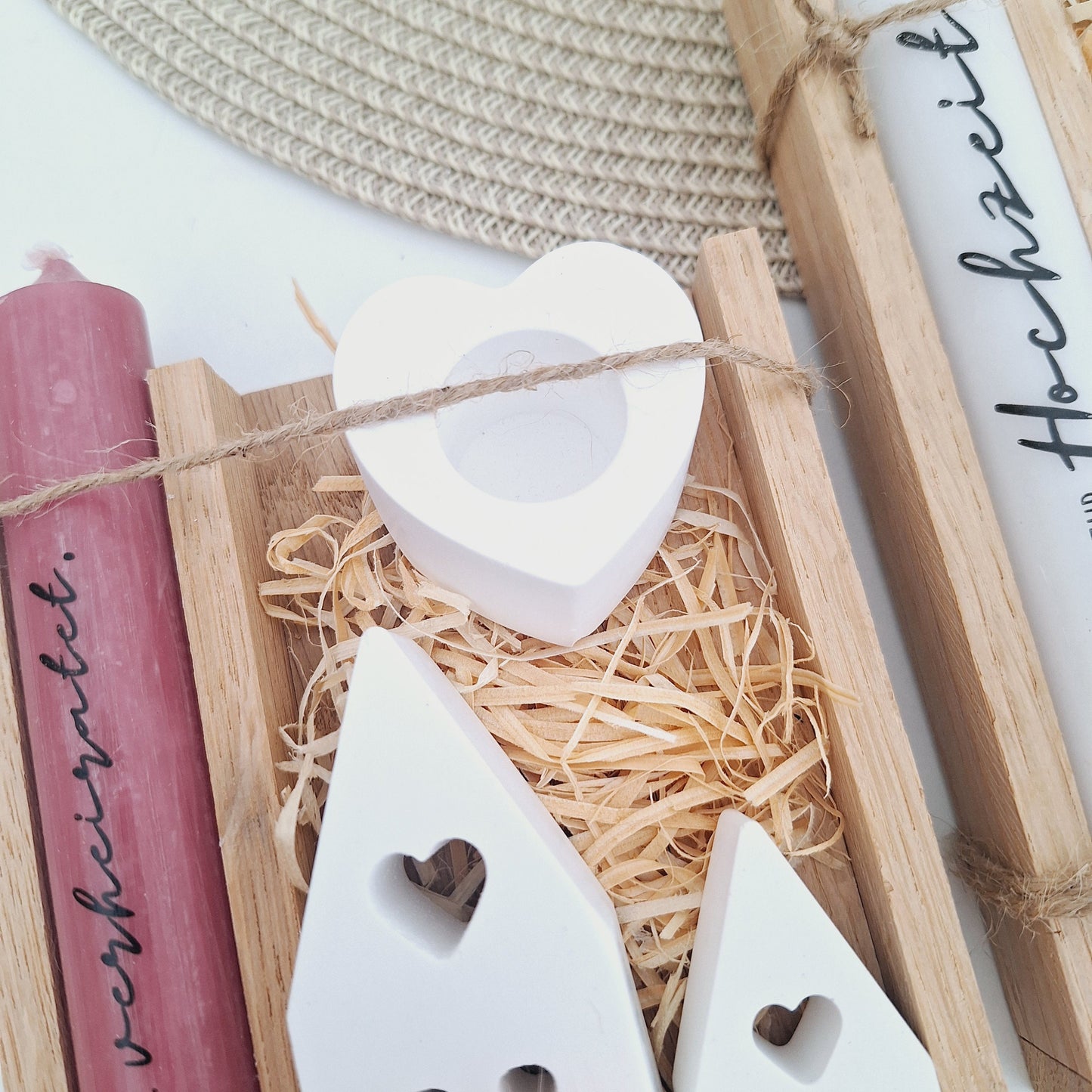 Hochzeit Geschenkset Hochzeitsgeschenk Häuser Lichthäuser Kerzenset Kerzenhalter Herz Stabkerze Kerzenbox Holzbox Mitbringsel