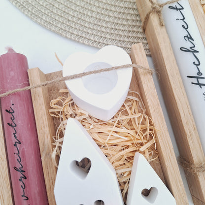 Hochzeit Geschenkset Hochzeitsgeschenk Häuser Lichthäuser Kerzenset Kerzenhalter Herz Stabkerze Kerzenbox Holzbox Mitbringsel