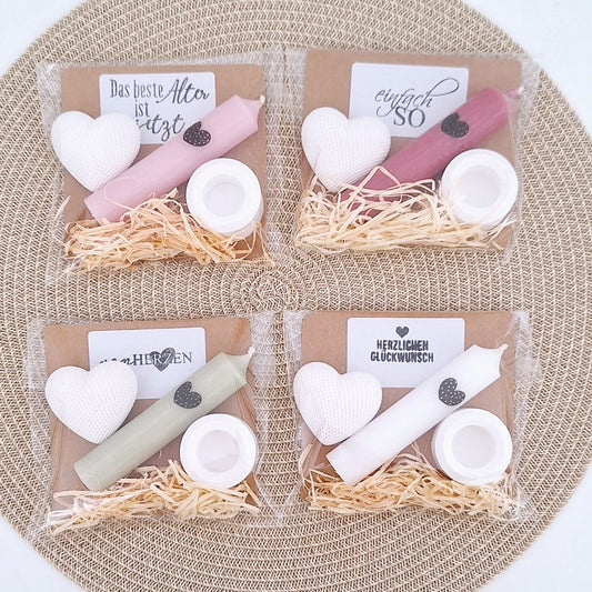 Kleinigkeit - kleines Geschenk als Mitbringsel Aufmerksamkeit mit Kerzenhalter, Dekoherz, Kerze - als Dankeschön, Mutmacher, zum Geburtstag