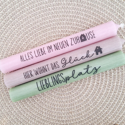 Einzugsgeschenk Geschenkset zum Umzug Kerzenset zum Hauskauf Kerzenhalter Häuser Lichthäuser Stabkerze Schriftzug mit Holzbox