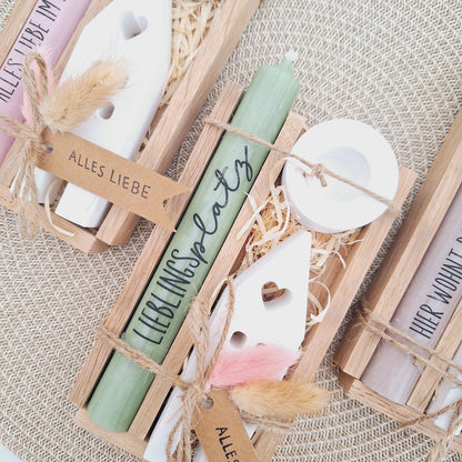 Einzugsgeschenk Einweihungsgeschenk Geschenkset zum Umzug Einzug Haus / Lichthaus Kerzenset zum Hauskauf Richtfest Stabkerze Holzbox