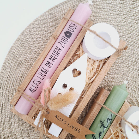 Einzugsgeschenk Einweihungsgeschenk Geschenkset zum Umzug Einzug Haus / Lichthaus Kerzenset zum Hauskauf Richtfest Stabkerze Holzbox