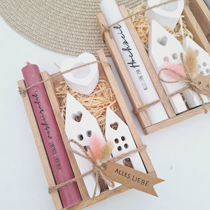 Hochzeit Geschenkset Hochzeitsgeschenk Häuser Lichthäuser Kerzenset Kerzenhalter Herz Stabkerze Kerzenbox Holzbox Mitbringsel