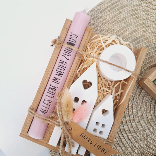 Einzugsgeschenk Geschenkset zum Umzug Kerzenset zum Hauskauf Kerzenhalter Häuser Lichthäuser Stabkerze Schriftzug mit Holzbox