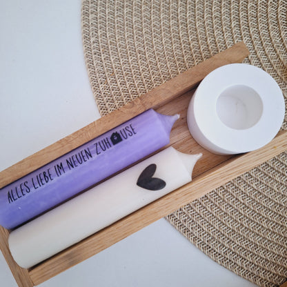 Einzugsgeschenk Einweihungsgeschenk Geschenkset zum Umzug zum Hauskauf Kerzenhalter Stabkerze Schriftzug mit Holzbox
