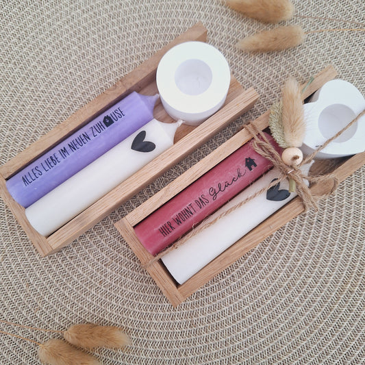 Einzugsgeschenk Einweihungsgeschenk Geschenkset zum Umzug zum Hauskauf Kerzenhalter Stabkerze Schriftzug mit Holzbox