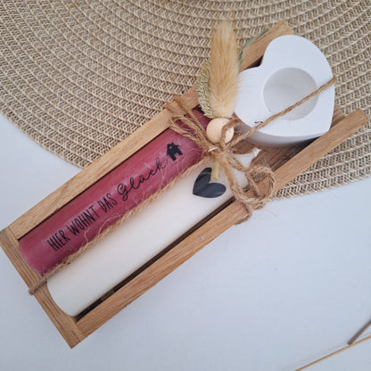 Einzugsgeschenk Einweihungsgeschenk Geschenkset zum Umzug zum Hauskauf Kerzenhalter Stabkerze Schriftzug mit Holzbox