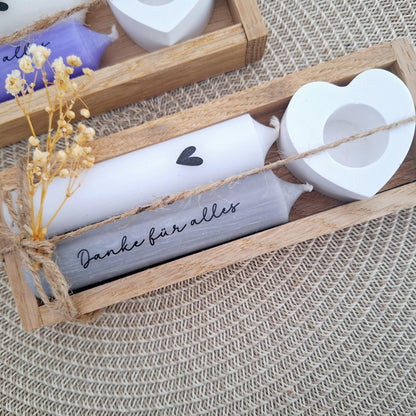 Danke für alles kleines Kerzenset Geschenkset Danksagung Dankeschön Mitbringsel Aufmerksamkeit Kerzenhalter Stabkerze Schriftzug mit Holzbox