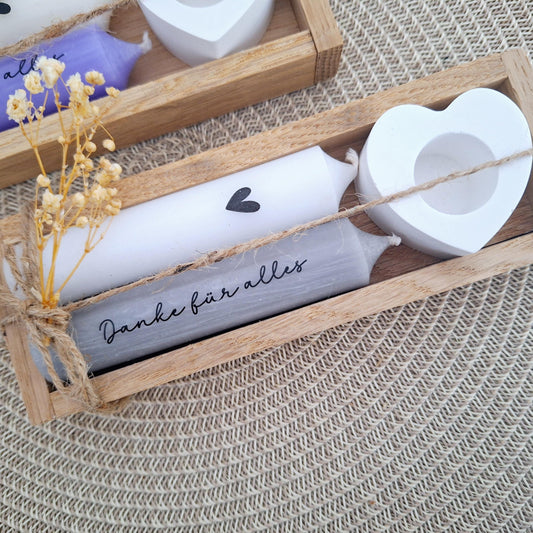 Danke für alles kleines Kerzenset Geschenkset Danksagung Dankeschön Mitbringsel Aufmerksamkeit Kerzenhalter Stabkerze Schriftzug mit Holzbox