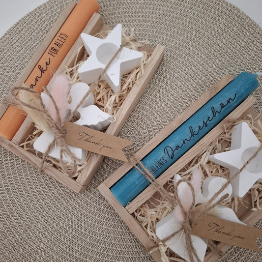 Danke Kerzenset kleines Dankeschön Danke für alles mit Engel Schutzengel Kerzenhalter Stern Stabkerze Schriftzug mit Holzbox