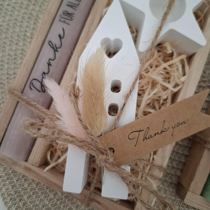 Danke Kerzenset kleines Dankeschön Danke für alles Geschenkset Haus / Lichthaus Kerzenhalter Stern Stabkerze Schriftzug mit Holzbox