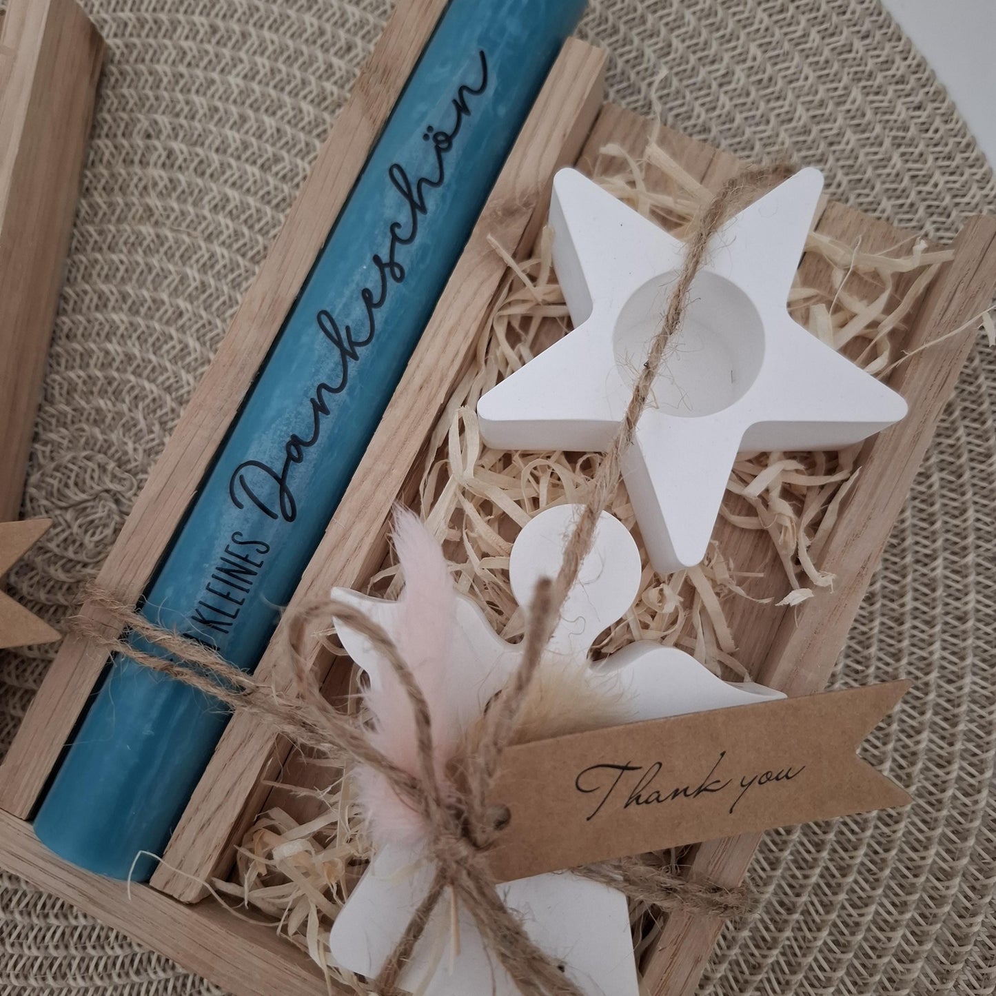 Danke Kerzenset kleines Dankeschön Danke für alles mit Engel Schutzengel Kerzenhalter Stern Stabkerze Schriftzug mit Holzbox