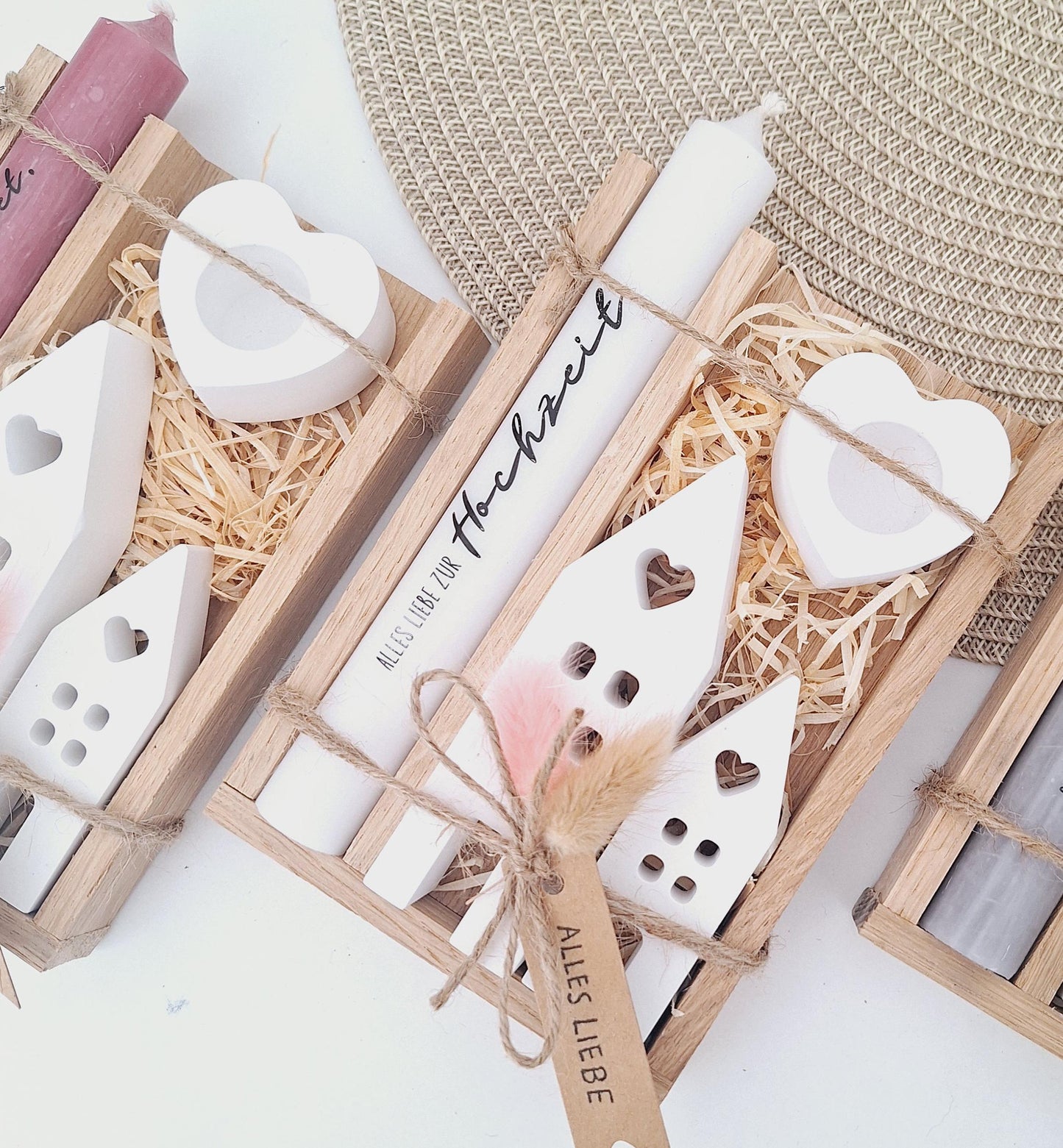 Hochzeit Geschenkset Hochzeitsgeschenk Häuser Lichthäuser Kerzenset Kerzenhalter Herz Stabkerze Kerzenbox Holzbox Mitbringsel