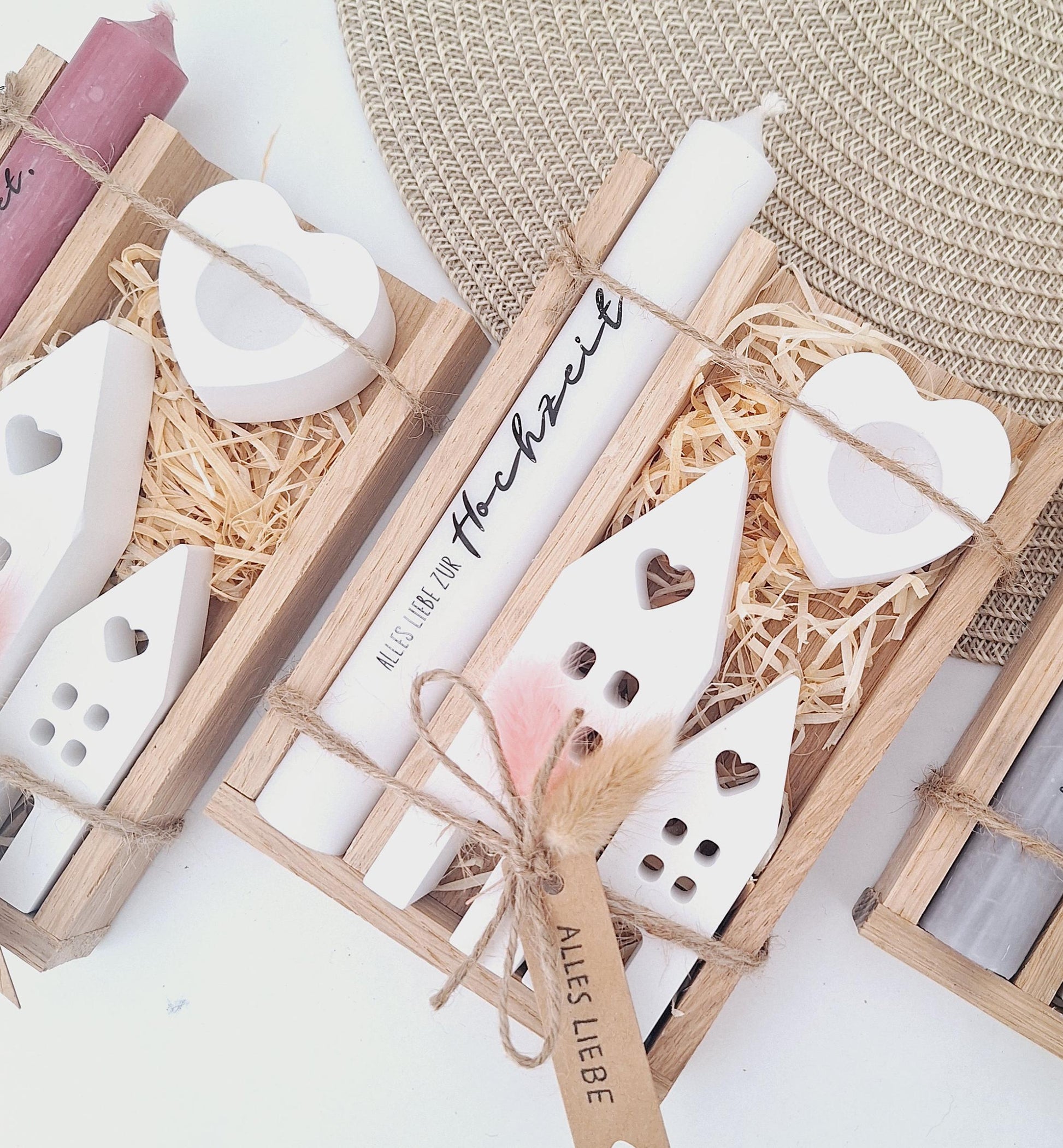 Hochzeit Geschenkset Hochzeitsgeschenk Häuser Lichthäuser Kerzenset Kerzenhalter Herz Stabkerze Kerzenbox Holzbox Mitbringsel