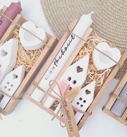 Hochzeit Geschenkset Hochzeitsgeschenk Häuser Lichthäuser Kerzenset Kerzenhalter Herz Stabkerze Kerzenbox Holzbox Mitbringsel