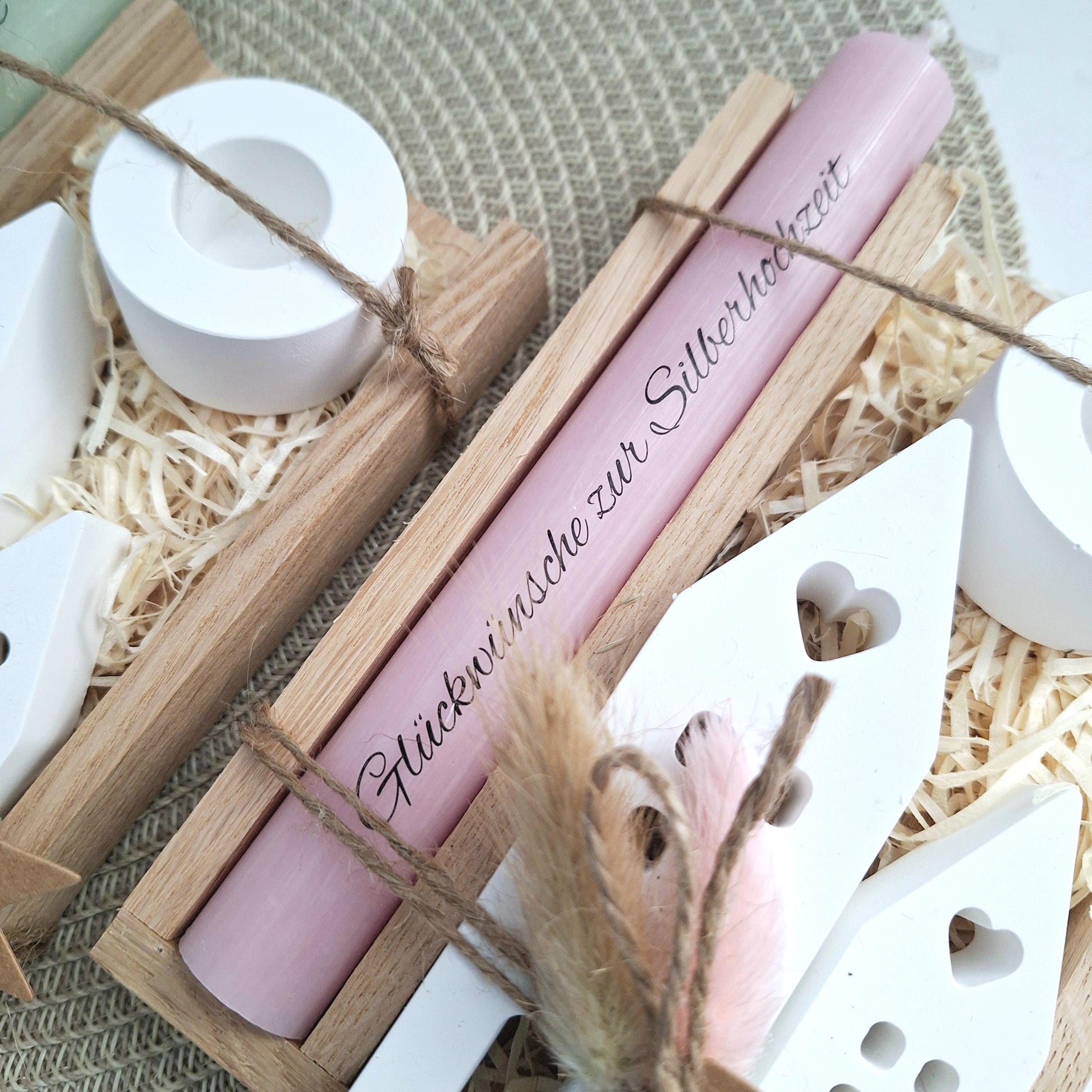 Silberhochzeit Silberhochzeitsgeschenk Häuser Lichthäuser Kerzenhalter rund Stabkerze Kerzenbox Holzbox Mitbringsel