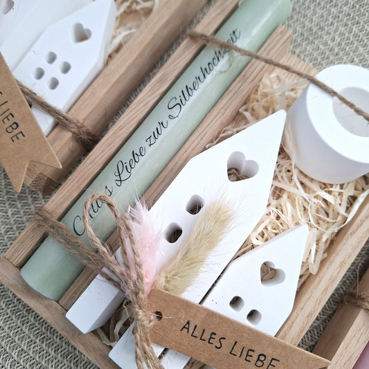 Silberhochzeit Silberhochzeitsgeschenk Häuser Lichthäuser Kerzenhalter rund Stabkerze Kerzenbox Holzbox Mitbringsel