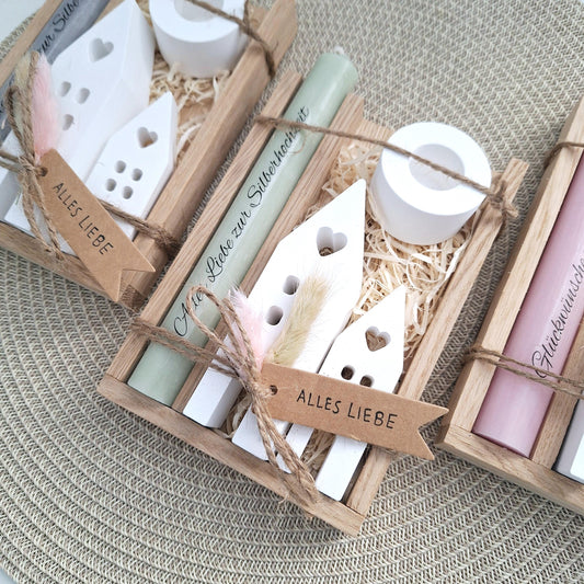 Silberhochzeit Silberhochzeitsgeschenk Häuser Lichthäuser Kerzenhalter rund Stabkerze Kerzenbox Holzbox Mitbringsel