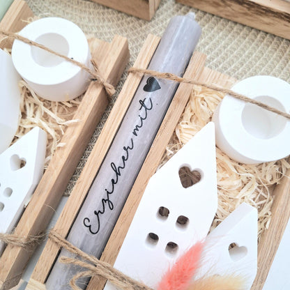 Abschiedsgeschenk Kindergarten KITA Erzieherin mit Herz Geschenkset Dankeschön Häuser / Lichthäuser Kerzenhalter rund Kerzenset Stabkerze Holzbox