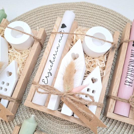 Abschiedsgeschenk Kindergarten KITA Erzieherin mit Herz Geschenkset Dankeschön Häuser / Lichthäuser Kerzenhalter rund Kerzenset Stabkerze Holzbox