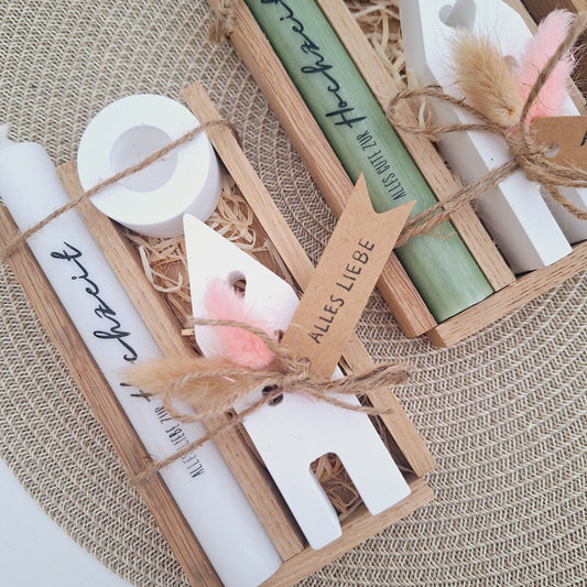 Hochzeit Hochzeitsgeschenk Haus / Lichthaus Kerze Kerzenset Kerzenhalter Stabkerze Kerze mit Kerzenbox Holzbox Mitbringsel