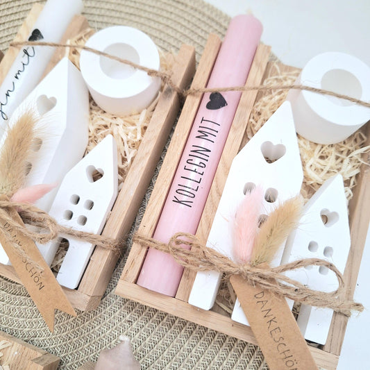 Geschenk Kollegin Kollege mit Herz Geschenkset Dankeschön Häuser / Lichthäuser Kerzenhalter rund Kerzenset Holzbox