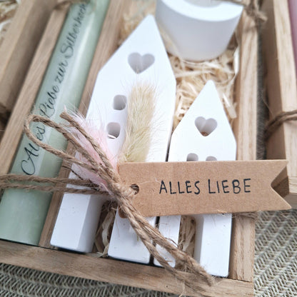 Silberhochzeit Silberhochzeitsgeschenk Häuser Lichthäuser Kerzenhalter rund Stabkerze Kerzenbox Holzbox Mitbringsel