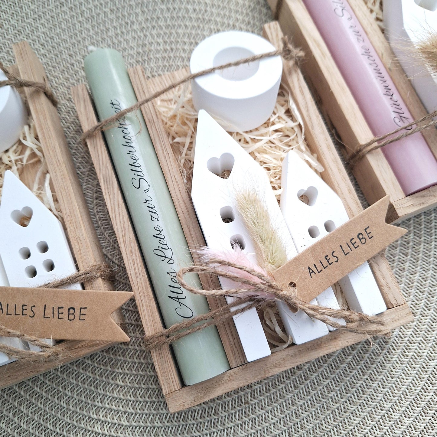 Silberhochzeit Silberhochzeitsgeschenk Häuser Lichthäuser Kerzenhalter rund Stabkerze Kerzenbox Holzbox Mitbringsel